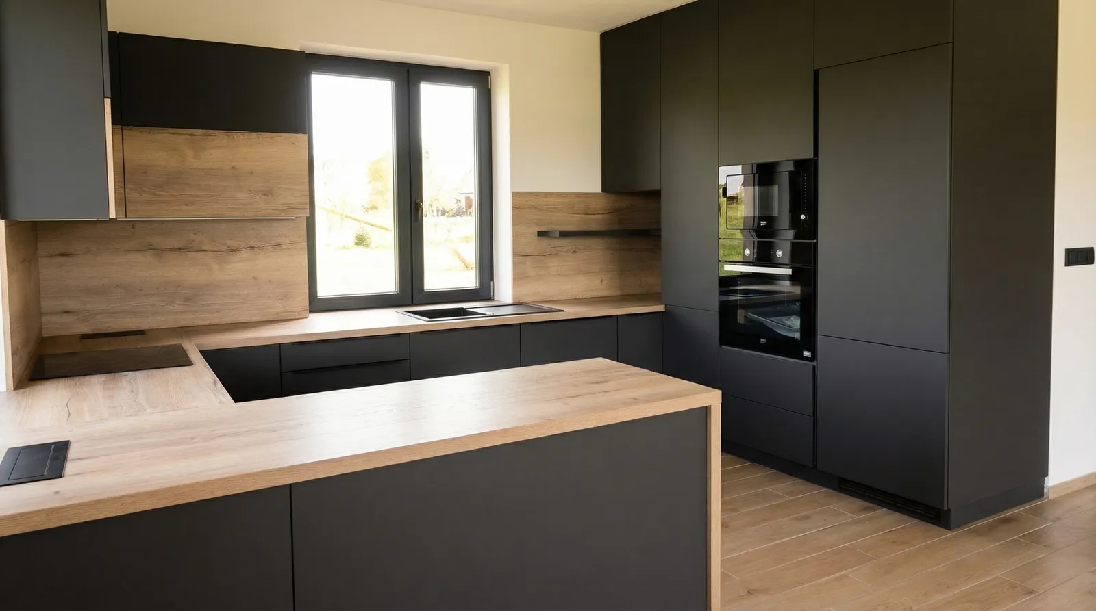 Kuchyně na míru – antracit s dřevěnou pracovní deskou